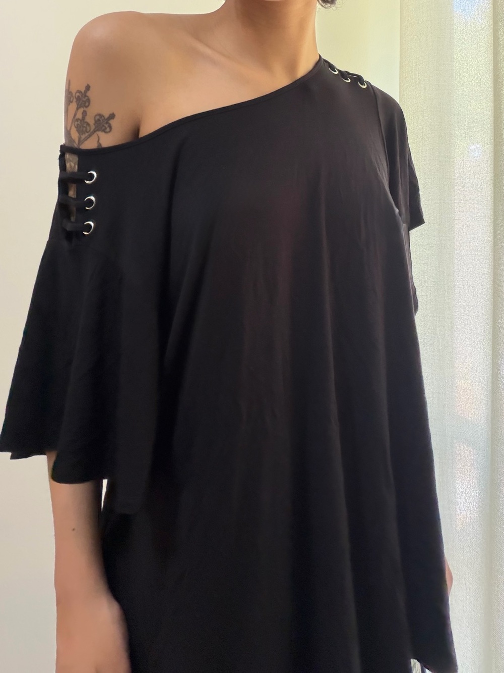 Cable & Gauge One-Shoulder Black Dress with Grommet Detail